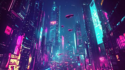 Fototapeta premium Futuristic Cityscape with Neon Lights and Flying Cars at Night.