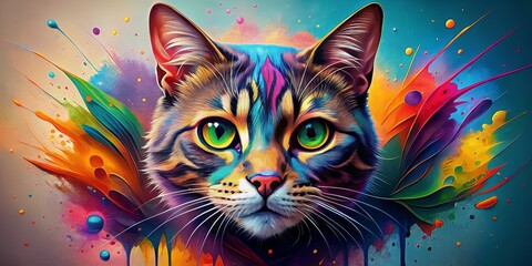 Vibrant illustration of a whimsical cat face surrounded by colorful splashes and abstract shapes, perfect for logos, t-shirts, posters, banners, and print designs.