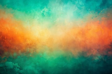 Fototapeta premium Vibrant orange, teal, green, and pink hues blend in a grainy, gradient background with a textured noise effect, evoking a lively summer atmosphere in a abstract design.