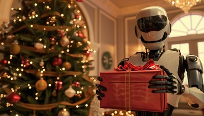 Robot holding a gift in a festive living room with a decorated Christmas tree
