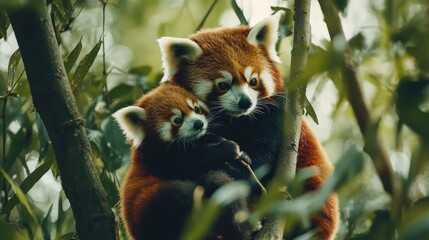 Adorable Red Panda Cubs Cuddling in a Tree, Wildlife Photography