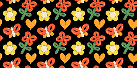 Balloon animals pattern seamless. inflatable flower and butterfly. Colorful glossy rubber toy. Birthday party festive y2k decor textile, wrapping paper, wallpaper design. Print for fabric vector