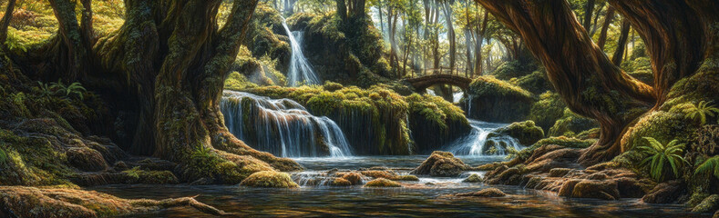Obraz premium A serene image depicting a cascading waterfall surrounded by lush green foliage, mossy rocks, and a hidden bridge, symbolizing tranquility, nature, hidden beauty, tranquility, and serenity.