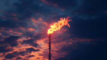 Fototapeta premium Vibrant flame of a gas torch against a black sky, highlighting the production of energy and its ecological footprint. 