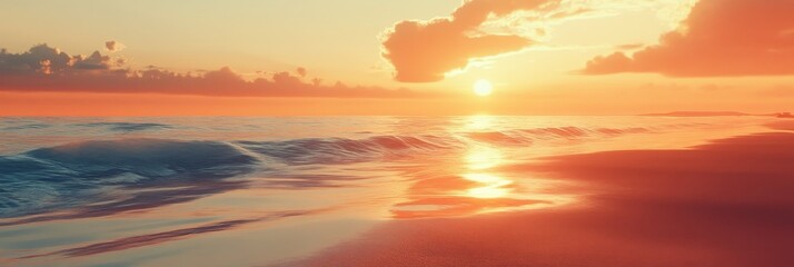 A serene scene of a golden sunset over the ocean, with soft, calm waves lapping gently on the shore. The sky is ablaze with vibrant hues of orange and pink, reflecting on the water's surface.  The sun