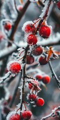 This image captures vibrant red berries covered in frost, creating a stunning natural display in a winter setting with intricate ice crystals.