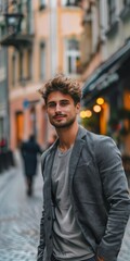 A young man in a gray blazer stands confidently on a bustling city street. The background features urban architecture, shops, and people, highlighting a vibrant urban vibe.