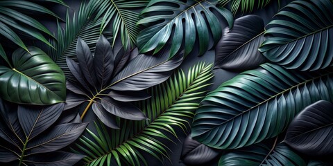 Textures of abstract black leaves for tropical leaf background. Flat lay, dark nature concept, tropical leaf, digital ai