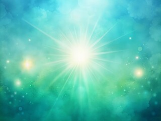 Vibrant blue-green watercolor gradient background shines with radiant bright light, softened by a gentle glow texture, evoking a sense of serenity and calmness.