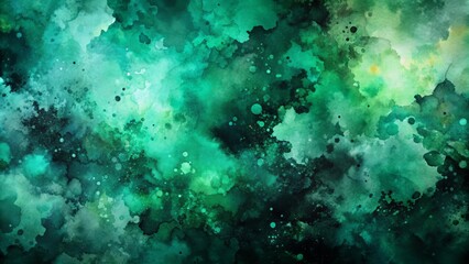 Fototapeta premium Vibrant black emerald jade green abstract watercolor background features organic stain splash, rough daub, grunge texture, and dark shades, evoking a fluid, liquid design template.