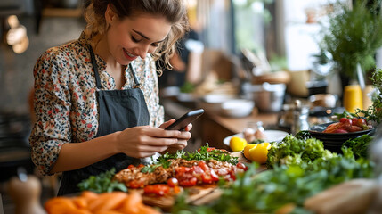 A woman smiling as she uses her smartphone to photograph a freshly prepared dish in her kitchen, emphasizing food photography and home cooking.