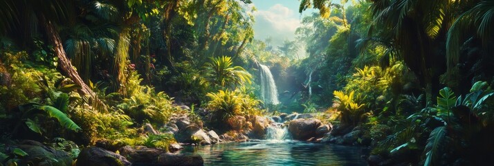 A serene waterfall cascades into a crystal-clear pool surrounded by vibrant green foliage, symbolizing nature's beauty, tranquility, peace, rejuvenation, and abundance.