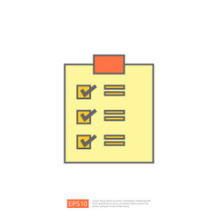 Checklist icon with check marks on a clipboard. Yellow, orange and blue color scheme. Simple, flat style design.