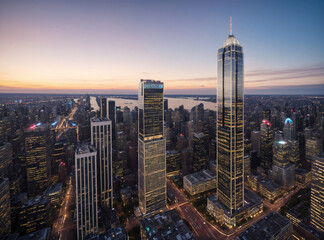 Naklejka premium Stunning Overhead View of a City Skyline at Sunset With Bright Lights