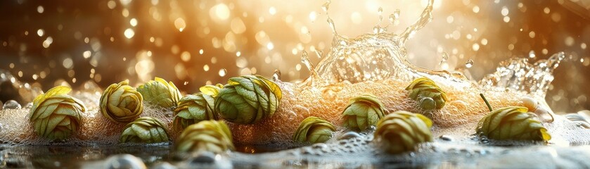 Fresh Green Hops in Sparkling Water with Sunlight - Close-Up of Hops Cones in Bubbly Liquid