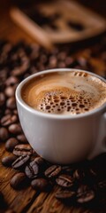 Close-up of a steaming hot cup of coffee surrounded by scattered coffee beans. The rich aroma and inviting appearance make it perfect for coffee lovers.