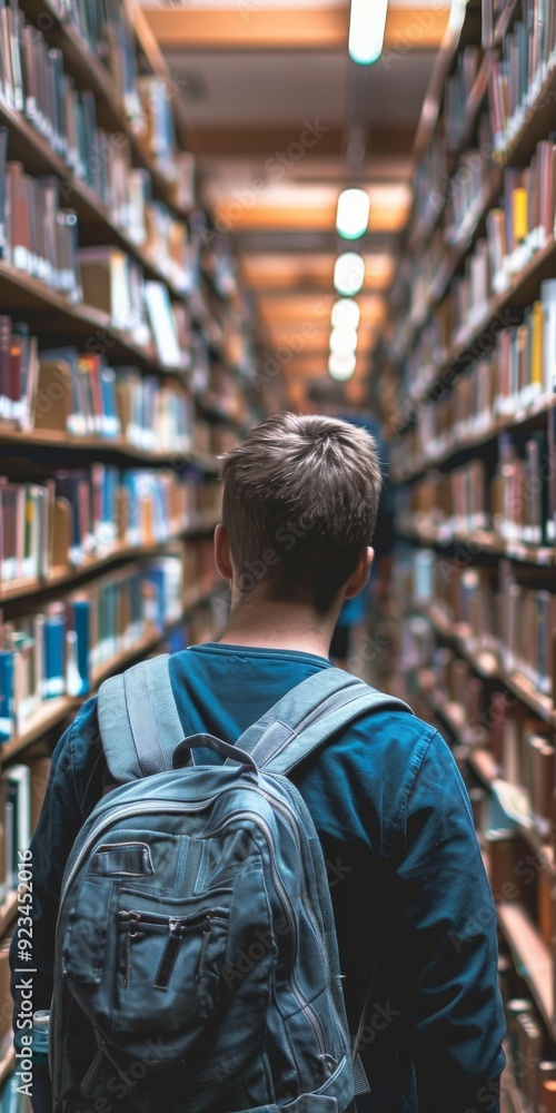 Poster A person wearing a backpack walks through the aisle of a library, past rows of bookshelves filled with books, capturing the serene and studious atmosphere of the academic setting.
