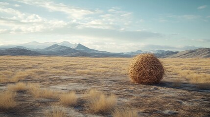 A single hay bale sits in the center of a vast desert landscape, symbolizing resilience, hope, and the beauty of simplicity against a backdrop of majestic mountains.