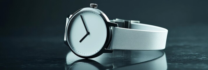 A sleek and modern wristwatch with a white face and strap, symbolizing simplicity, elegance, timelessness, precision, and style.