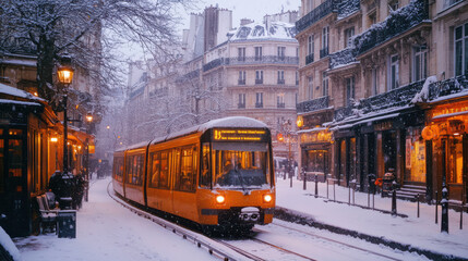 Fototapeta premium Electric train traveling through a winter wonderland in Paris, with snow-covered parks, elegant Parisian buildings, and twinkling lights.