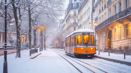 Obraz premium Electric train traveling through a winter wonderland in Paris, with snow-covered parks, elegant Parisian buildings, and twinkling lights.