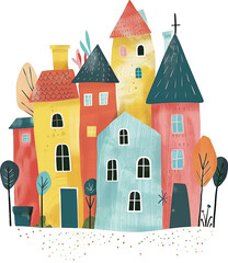 A whimsical illustration of colorful houses with unique features, painted in a vibrant watercolor style.