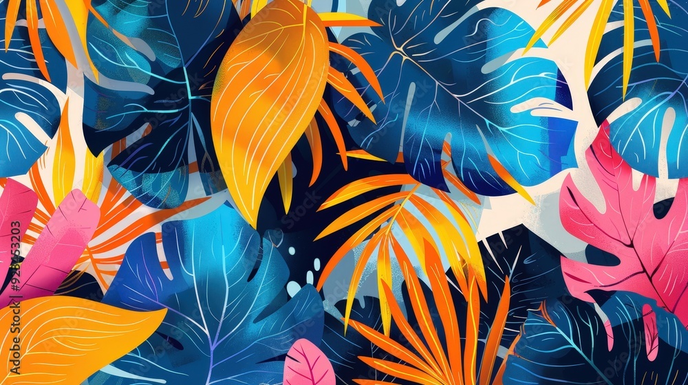 Poster a vibrant leaf pattern showcasing large, stylized leaves with bold colors and dynamic shapes.