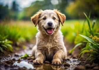 Obraz premium Adorable puppy covered in mud receives affection from tiny muddy footprints on grass, surrounded by joyful atmosphere and playful innocence.