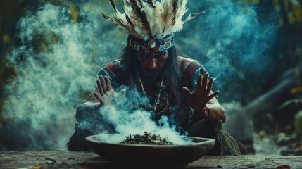 Native American Shaman Performing a Smudging Ceremony with Smoke and Feathers