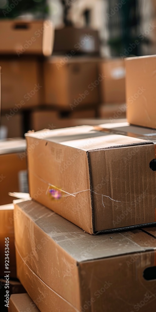 Aufkleber the image shows a close-up of a stack of cardboard boxes piled together outdoors, with varying sizes