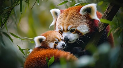 Adorable Red Panda Mother and Cub Cuddling in a Tree.