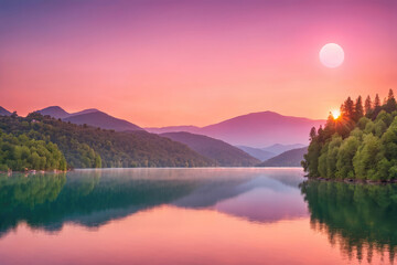 Fototapeta premium Stunning Sunset Over Serene Mountain Lake Surrounded by Lush Greenery and Reflective Waters