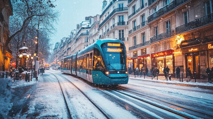 Fototapeta premium Electric train traveling through the historic Latin Quarter of Paris, with snow-dusted streets and charming old buildings creating a picturesque winter scene.
