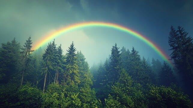 Majestic Rainbow Over Misty Forest with Pine Trees.
