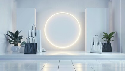 Modern retail display with bags and plants illuminated by a circular light