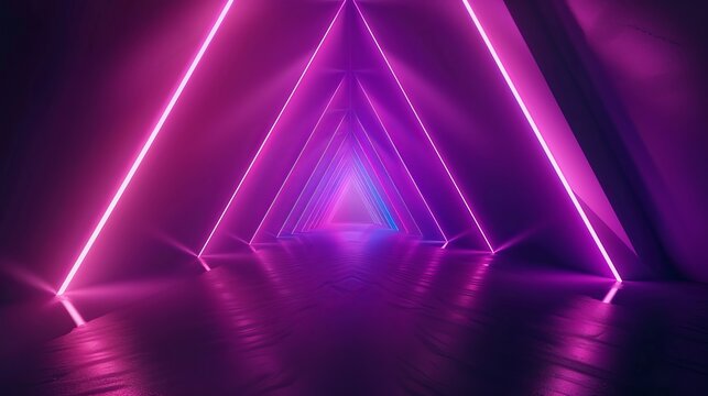 Neon light tunnel perspective. Vector realistic illustration of dark hall with triangular shape geometric lamps, purple and pink color illumination glowing in dark corridor, futuristic virtual portal