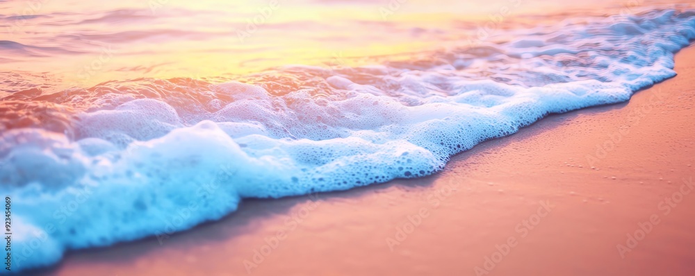 Poster a tranquil sunset over gentle waves, creating a serene atmosphere with soft colors reflected on the 