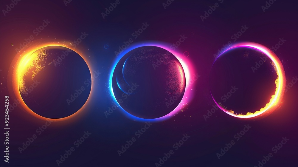 Aufkleber total and partial solar eclipse with different colors of neon glow against dark night sky. realistic