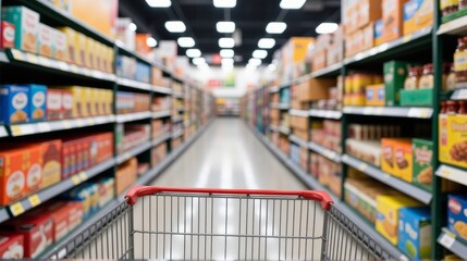 View from a shopping cart in a brightly lit supermarket aisle, with shelves stocked on both sides, slightly blurred for depth.