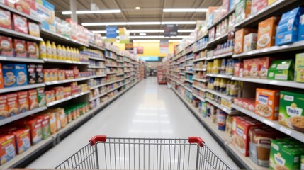 View from a shopping cart in a brightly lit supermarket aisle, with shelves stocked on both sides, slightly blurred for depth.