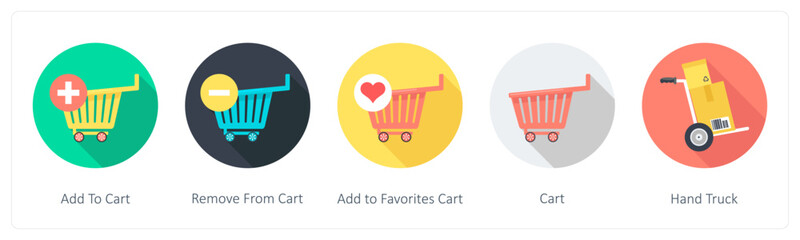 A set of 5 shopping icons as add to cart, remove from cart, add to favorite cart