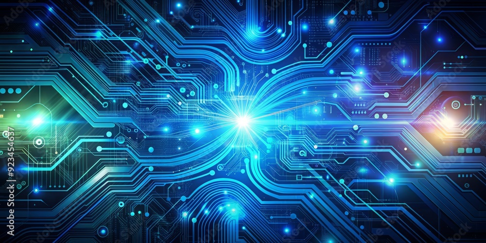 Poster vibrant blue digital abstract background featuring swirling patterns of circuits, wires, and code, e