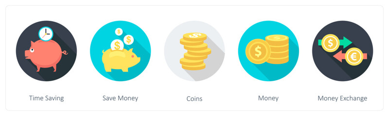 A set of 5 shopping icons as time saving, save money, coins