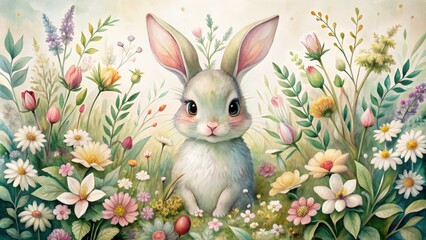 Obraz premium Whimsical hand-painted illustration of a delightful bunny surrounded by blooming flowers and lush greenery in soft, calming pastel colors, evoking warmth and serenity.