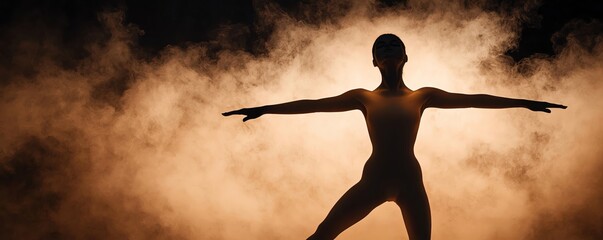 A silhouetted figure poses dramatically against a moody background of fog and light, conveying emotion and artistic expression.