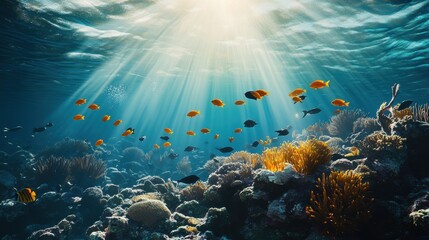 Naklejka premium Underwater Coral Reef with Sunbeams and Fish - Vibrant Tropical Seascape.