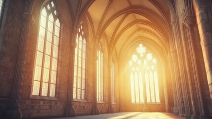 Fototapeta premium A serene interior of a grand hall with tall, arched windows allowing warm sunlight to illuminate the stone architecture.