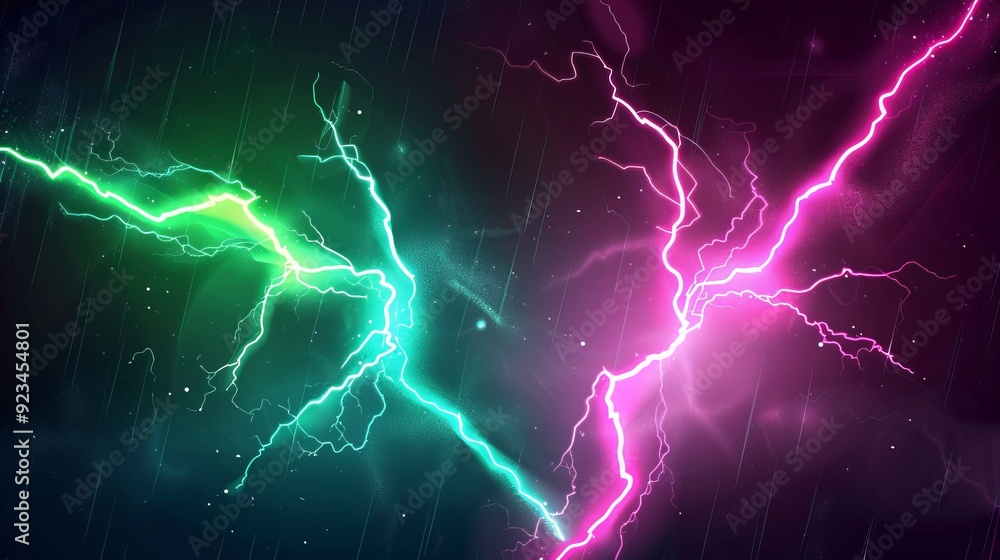 Poster pink and green thunder collision with shock burst flash and neon glow light effect for vs design. re
