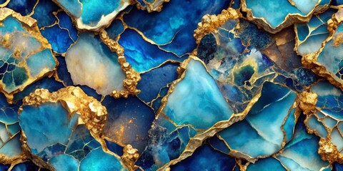 Obraz premium Vibrant blue liquid paint abstract background with mesmerizing gold mineral undertones, evoking a sense of luxury and nature's creative force in a seamless design pattern.