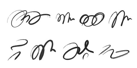 Brush textures set. Black shader and brushstrokes, hand drawn abstract lines. Paint smear, marker scribble line. Sketch freehand drawing borders. Vector isolated collection for decor and design